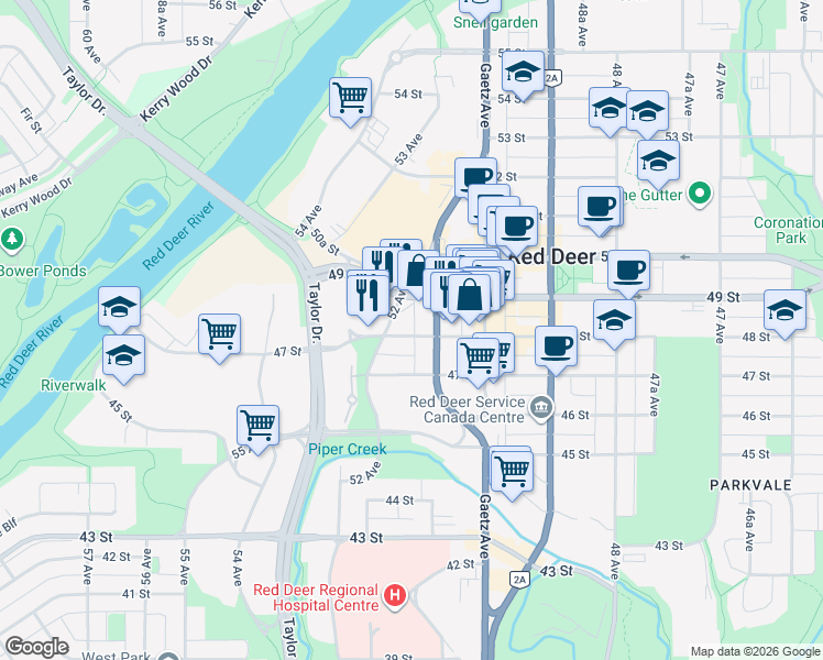 map of restaurants, bars, coffee shops, grocery stores, and more near 5114 48 Street in Red Deer