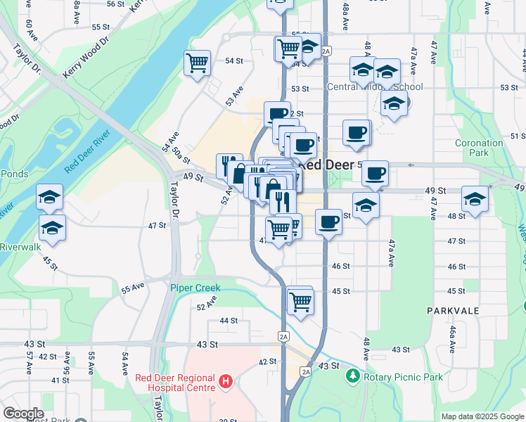 map of restaurants, bars, coffee shops, grocery stores, and more near 4801 51 Avenue in Red Deer