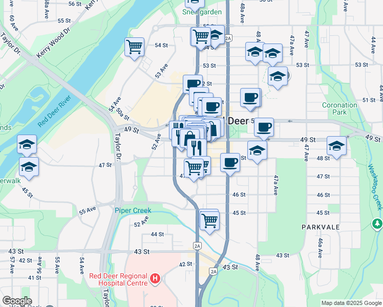 map of restaurants, bars, coffee shops, grocery stores, and more near 4807 Gaetz Avenue in Red Deer