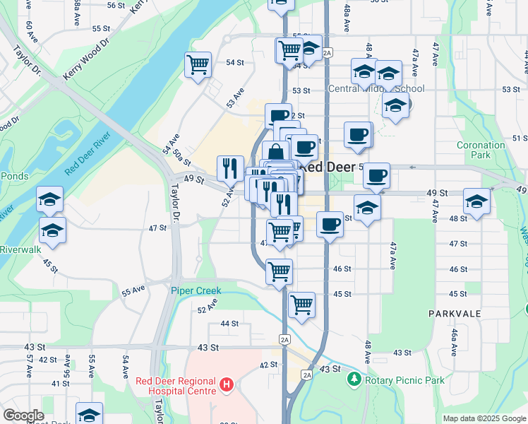map of restaurants, bars, coffee shops, grocery stores, and more near 4801 51 Avenue in Red Deer