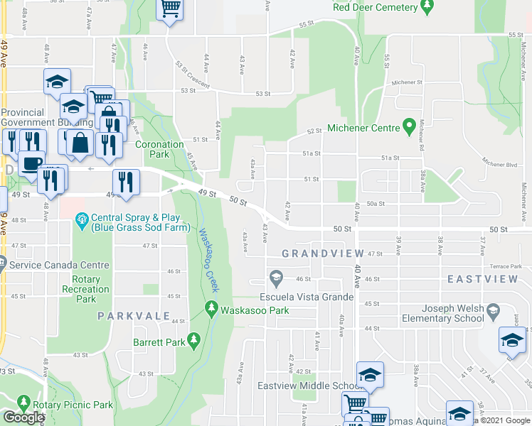map of restaurants, bars, coffee shops, grocery stores, and more near 5030 50 Street in Red Deer
