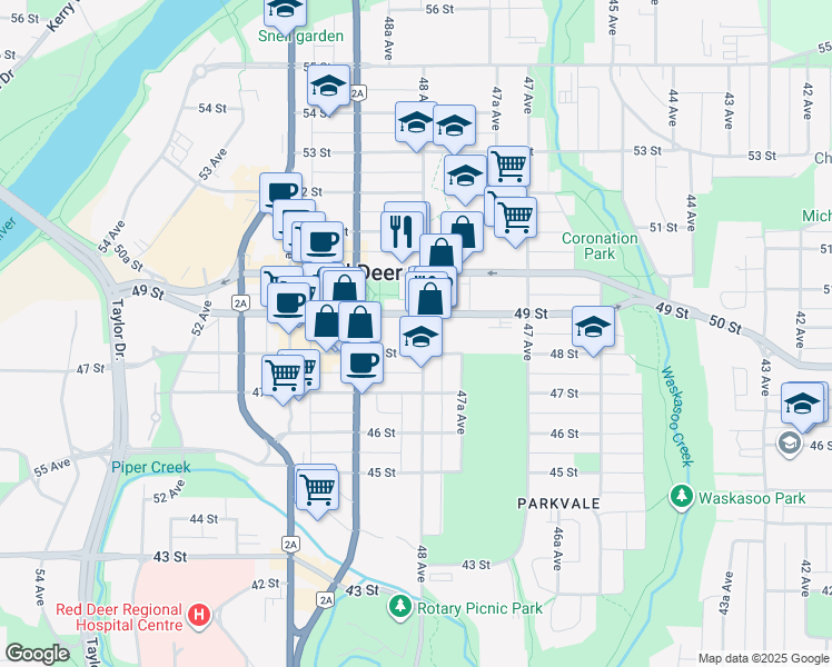 map of restaurants, bars, coffee shops, grocery stores, and more near 4810 48 Avenue in Red Deer