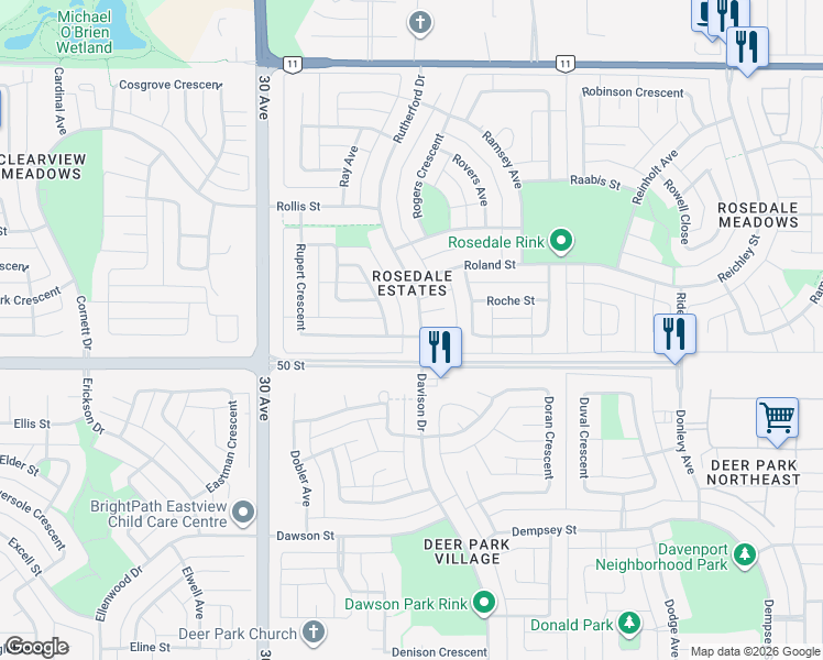 map of restaurants, bars, coffee shops, grocery stores, and more near 45 Rutherford Place in Red Deer