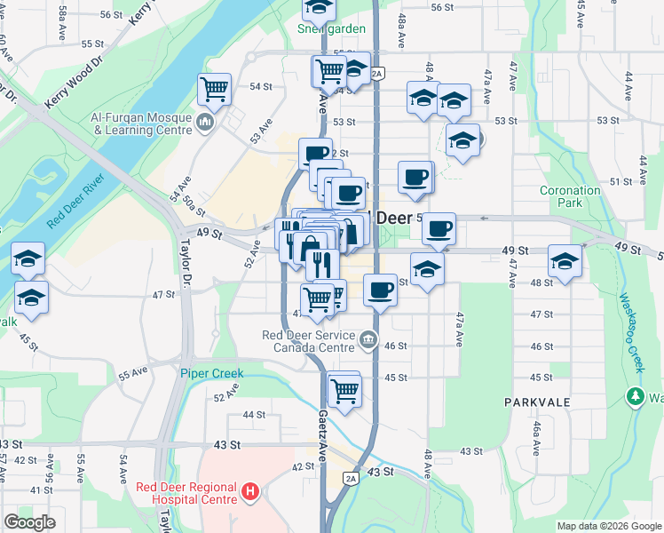 map of restaurants, bars, coffee shops, grocery stores, and more near 4807 Gaetz Avenue in Red Deer