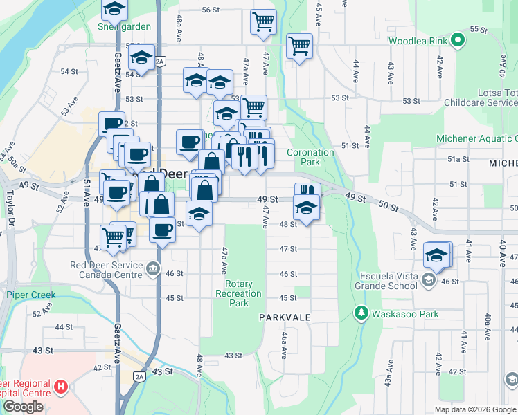 map of restaurants, bars, coffee shops, grocery stores, and more near 4820 47 Avenue in Red Deer