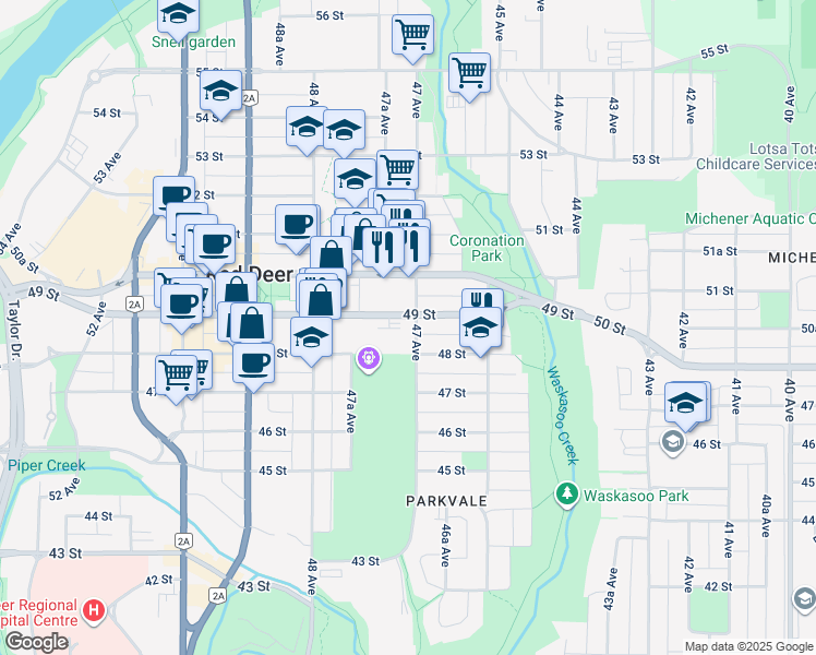 map of restaurants, bars, coffee shops, grocery stores, and more near 4820 47 Avenue in Red Deer