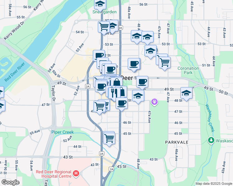 map of restaurants, bars, coffee shops, grocery stores, and more near in Red Deer