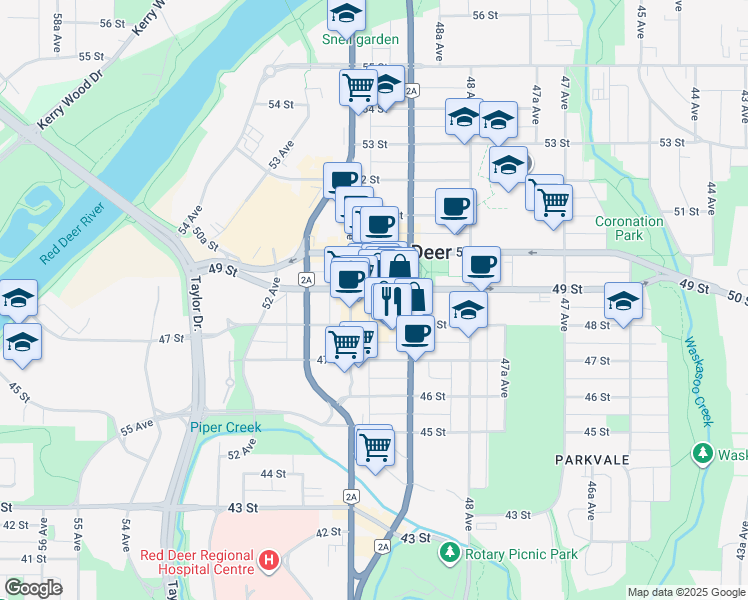 map of restaurants, bars, coffee shops, grocery stores, and more near 4931 47A Avenue in Red Deer