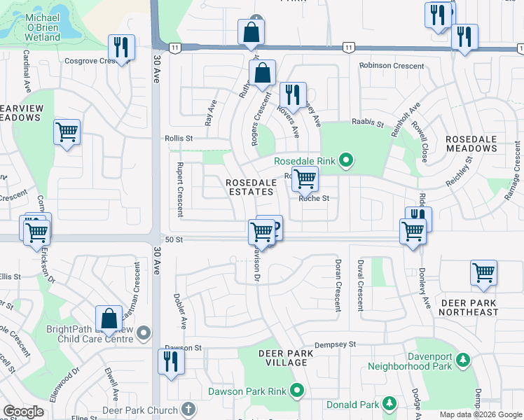 map of restaurants, bars, coffee shops, grocery stores, and more near 45 Rutherford Place in Red Deer