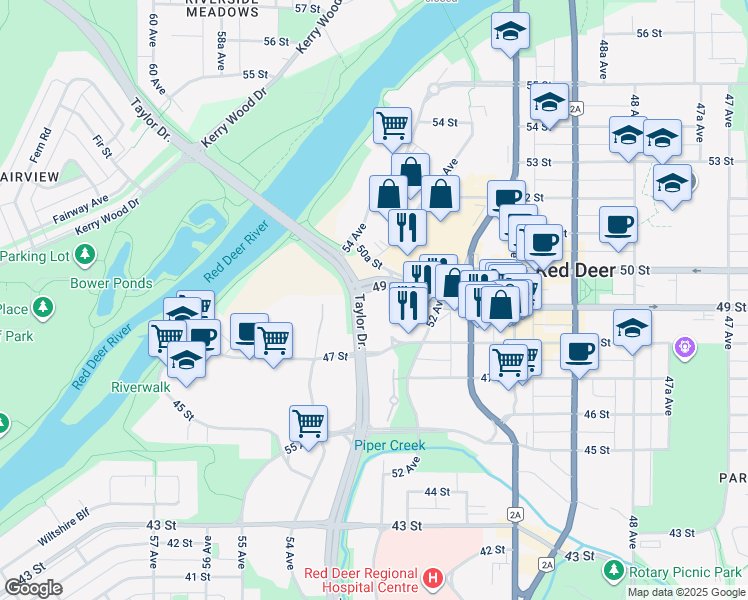 map of restaurants, bars, coffee shops, grocery stores, and more near in Red Deer