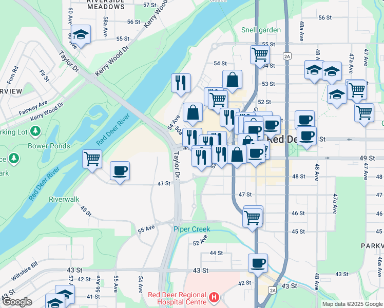 map of restaurants, bars, coffee shops, grocery stores, and more near 5360 50 Street in Red Deer