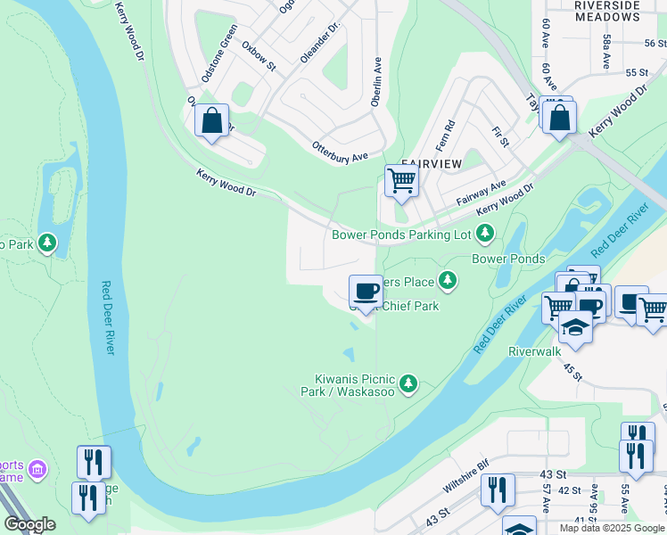 map of restaurants, bars, coffee shops, grocery stores, and more near 6421 Kerry Wood in Red Deer
