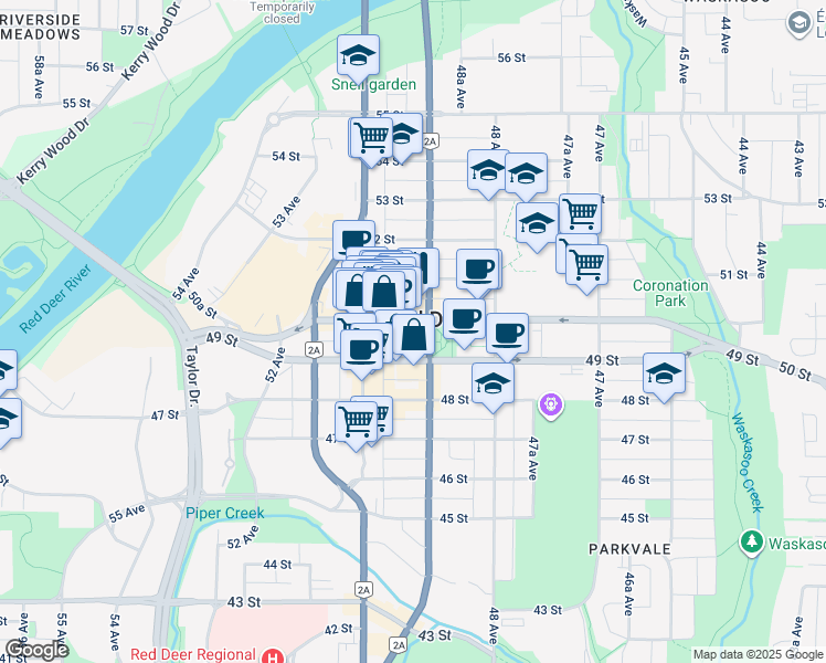 map of restaurants, bars, coffee shops, grocery stores, and more near 4912 50 Street in Red Deer