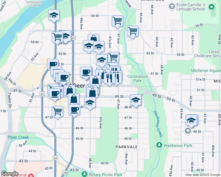 map of restaurants, bars, coffee shops, grocery stores, and more near 4707 50 Street in Red Deer
