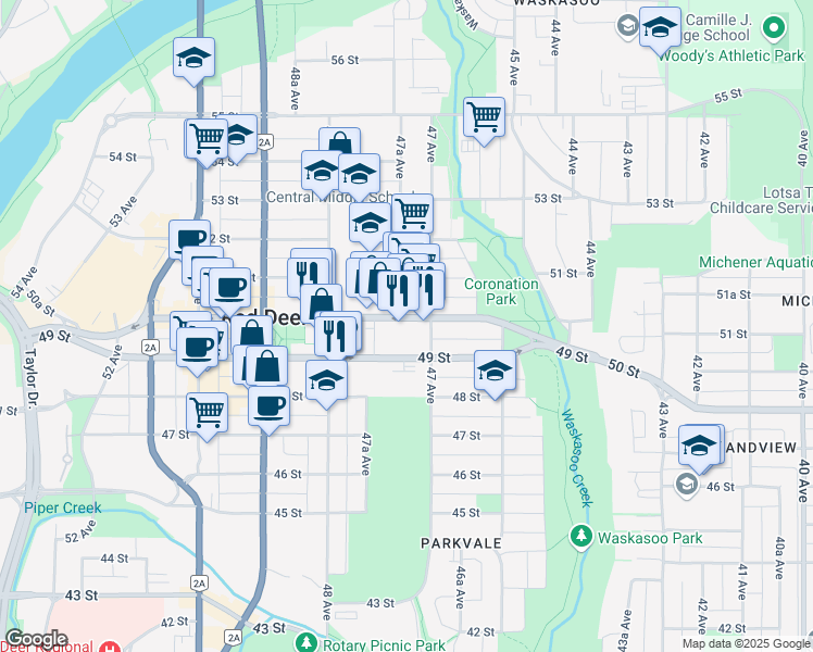 map of restaurants, bars, coffee shops, grocery stores, and more near 4707 50 Street in Red Deer