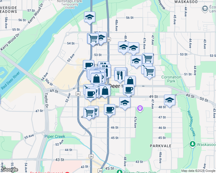 map of restaurants, bars, coffee shops, grocery stores, and more near  in Red Deer