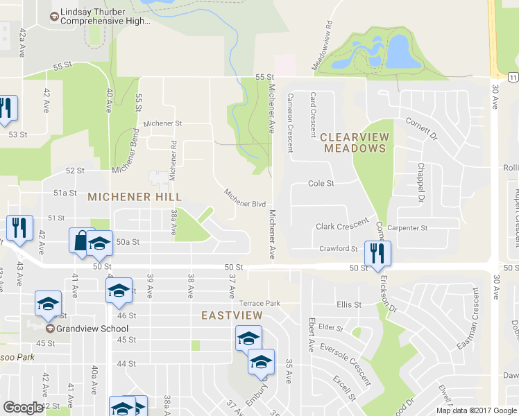 map of restaurants, bars, coffee shops, grocery stores, and more near 9 Michener Boulevard in Red Deer