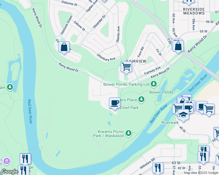 map of restaurants, bars, coffee shops, grocery stores, and more near 6421 Kerry Wood in Red Deer