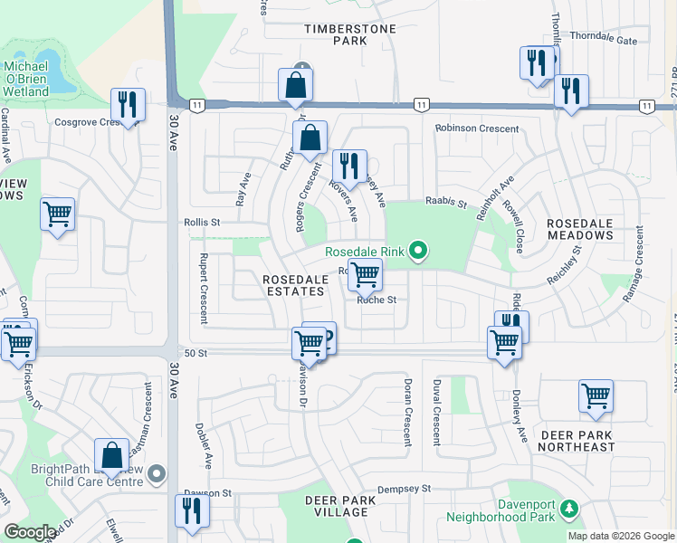 map of restaurants, bars, coffee shops, grocery stores, and more near 49 Roland Street in Red Deer