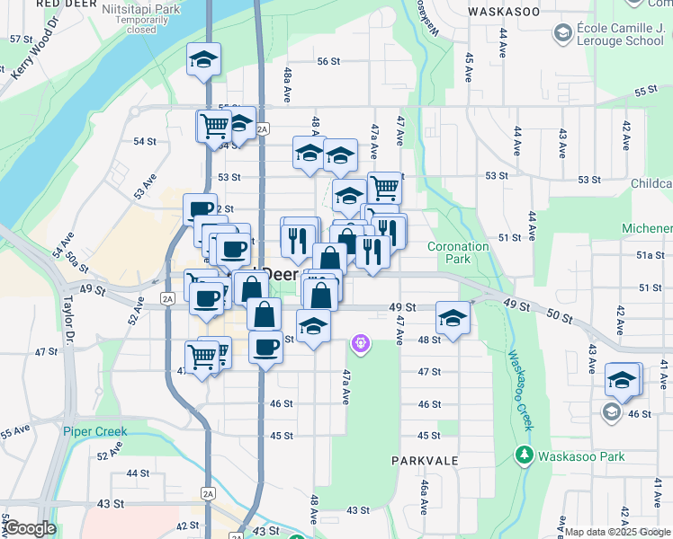 map of restaurants, bars, coffee shops, grocery stores, and more near 4752 50 Street in Red Deer
