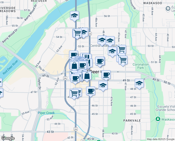 map of restaurants, bars, coffee shops, grocery stores, and more near 4912 50 Street in Red Deer