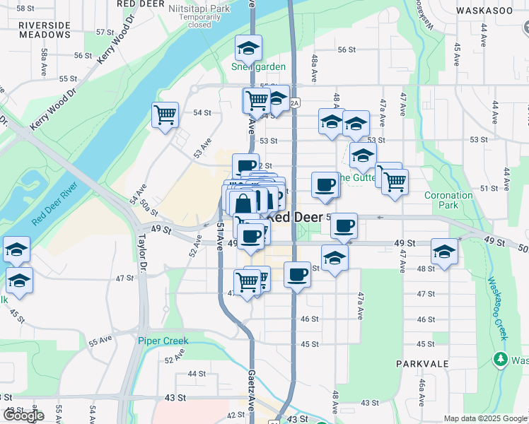 map of restaurants, bars, coffee shops, grocery stores, and more near 5003-5005 Gaetz Avenue in Red Deer