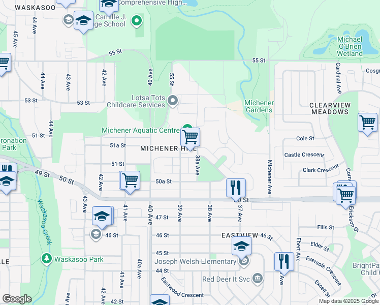 map of restaurants, bars, coffee shops, grocery stores, and more near 3815 51A Street in Red Deer