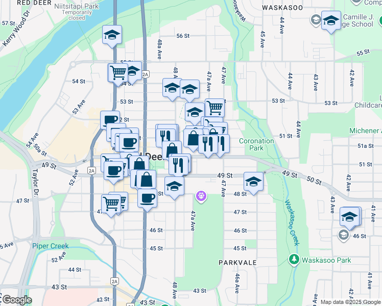 map of restaurants, bars, coffee shops, grocery stores, and more near 4752 50 Street in Red Deer