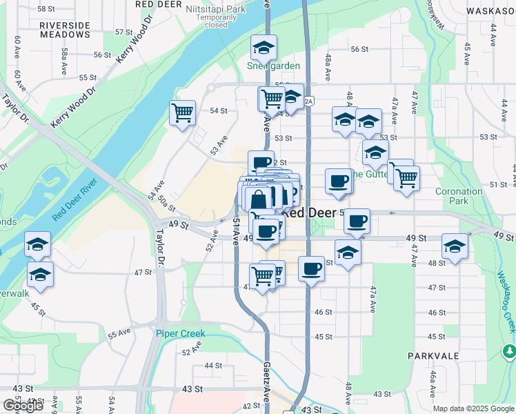map of restaurants, bars, coffee shops, grocery stores, and more near 5003-5005 Gaetz Avenue in Red Deer