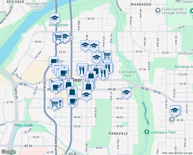 map of restaurants, bars, coffee shops, grocery stores, and more near 4752 50 Street in Red Deer