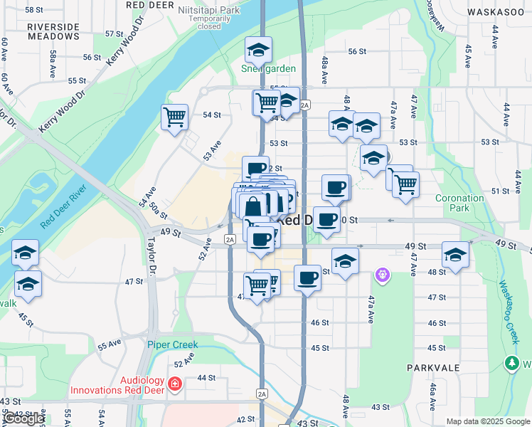 map of restaurants, bars, coffee shops, grocery stores, and more near 5003-5005 Gaetz Avenue in Red Deer