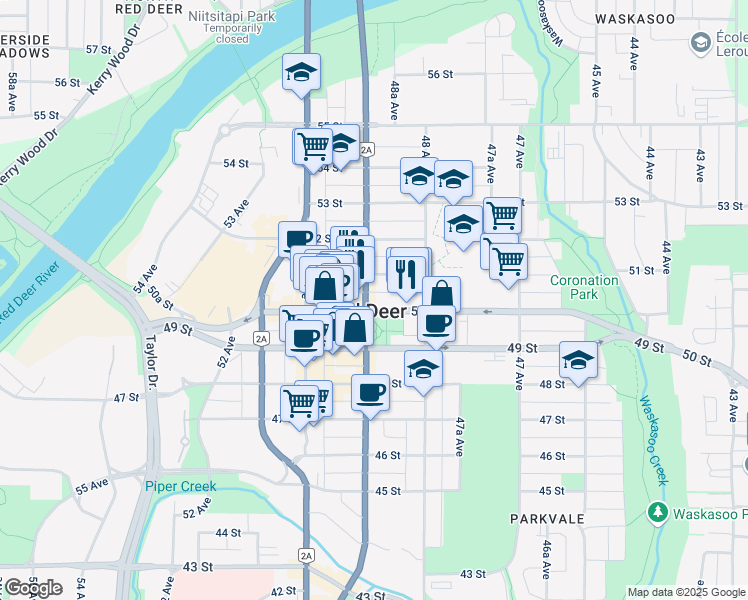 map of restaurants, bars, coffee shops, grocery stores, and more near in Red Deer