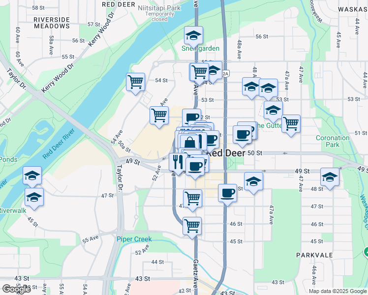 map of restaurants, bars, coffee shops, grocery stores, and more near 5030 50 Street in Red Deer