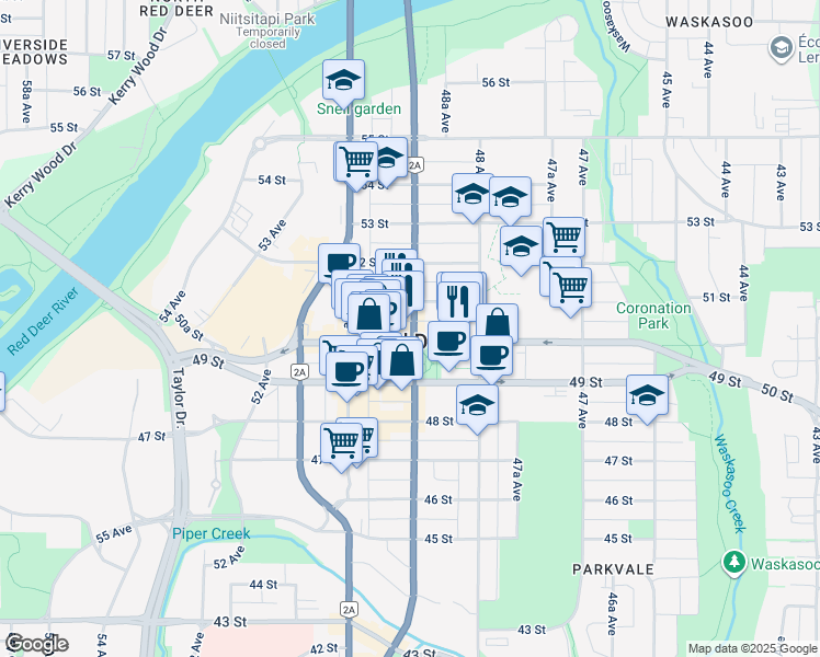 map of restaurants, bars, coffee shops, grocery stores, and more near in Red Deer