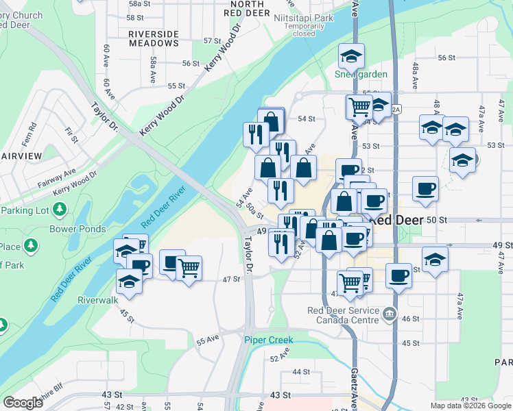 map of restaurants, bars, coffee shops, grocery stores, and more near 5360 50 Street in Red Deer