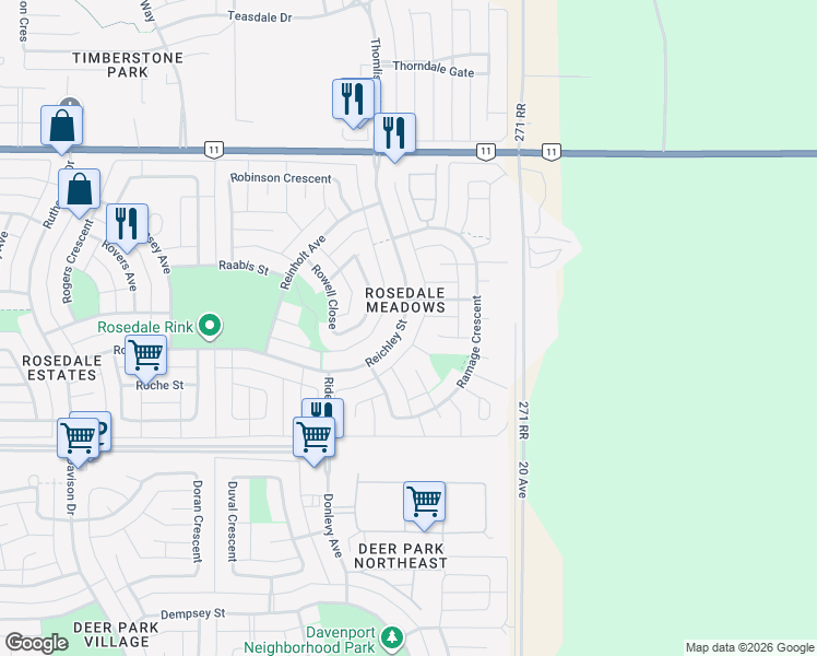 map of restaurants, bars, coffee shops, grocery stores, and more near 111 Reichley Street in Red Deer