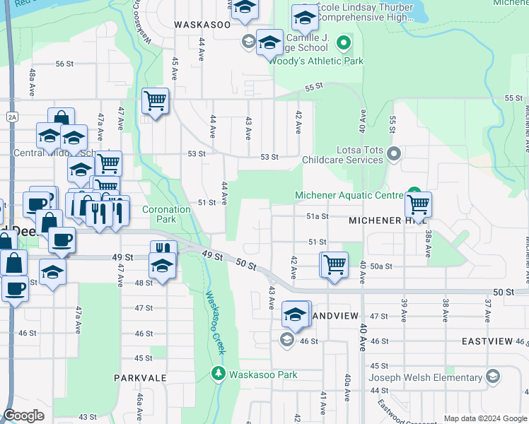 map of restaurants, bars, coffee shops, grocery stores, and more near 5136 43 Avenue in Red Deer