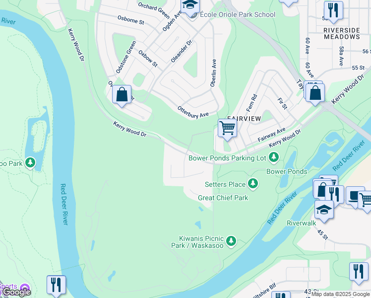 map of restaurants, bars, coffee shops, grocery stores, and more near 5202 Farrell Avenue in Red Deer