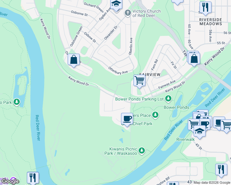 map of restaurants, bars, coffee shops, grocery stores, and more near 5205 Farrell Avenue in Red Deer