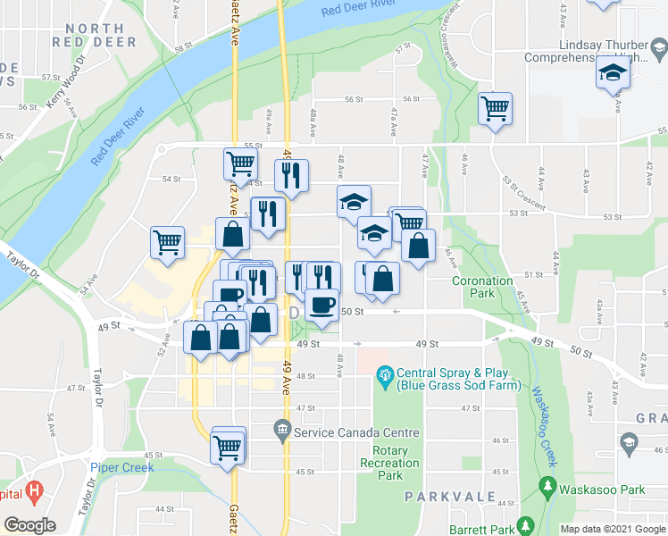 map of restaurants, bars, coffee shops, grocery stores, and more near 5104 48 Avenue in Red Deer