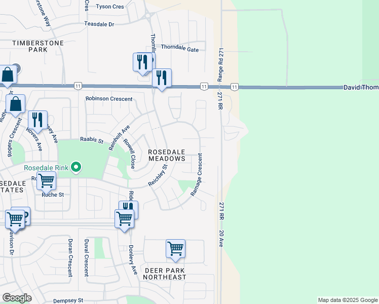 map of restaurants, bars, coffee shops, grocery stores, and more near 28 Ratcliffe Street in Red Deer