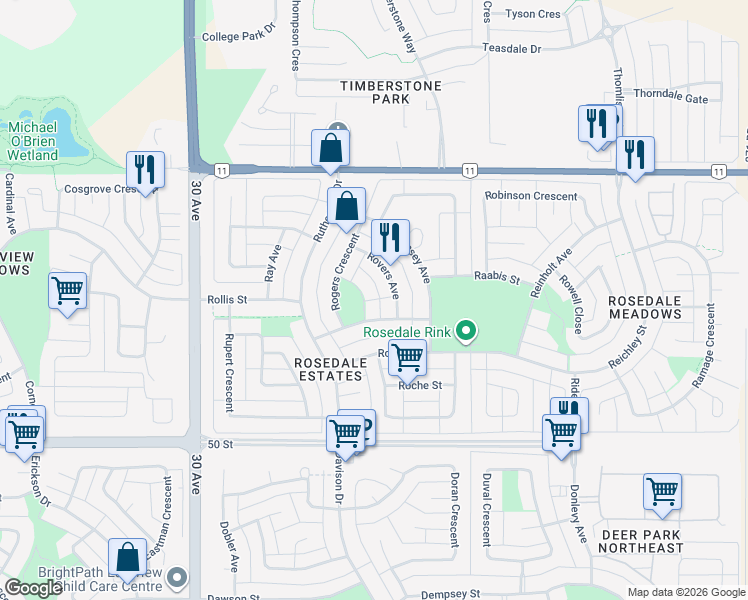 map of restaurants, bars, coffee shops, grocery stores, and more near 11 Rowntree Crescent in Red Deer