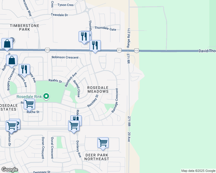 map of restaurants, bars, coffee shops, grocery stores, and more near 28 Ratcliffe Street in Red Deer