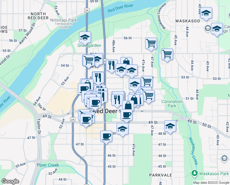 map of restaurants, bars, coffee shops, grocery stores, and more near 5104 48 Avenue in Red Deer