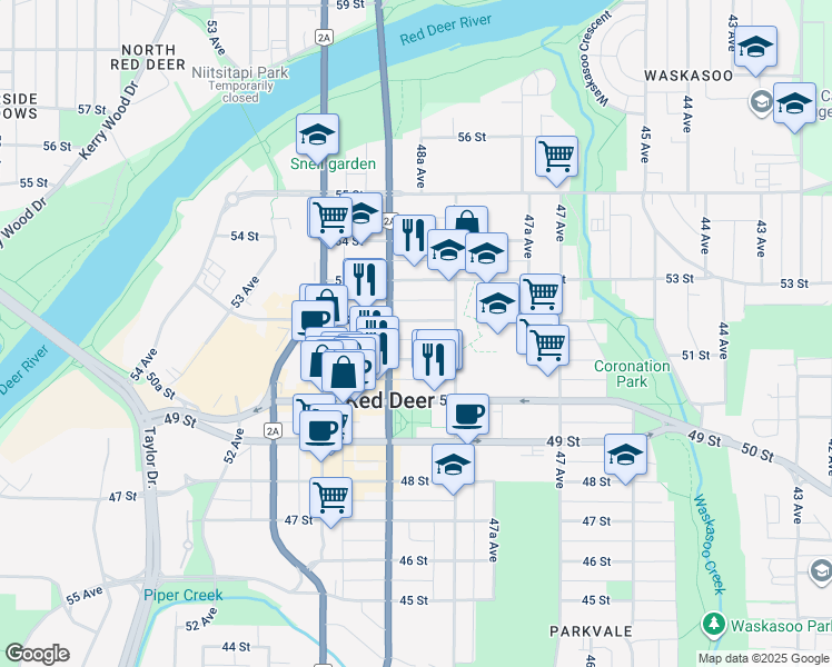 map of restaurants, bars, coffee shops, grocery stores, and more near 4835 52 Street in Red Deer