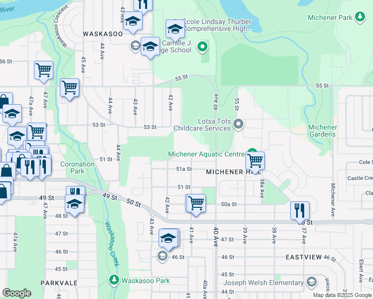 map of restaurants, bars, coffee shops, grocery stores, and more near 4102 52 Street in Red Deer