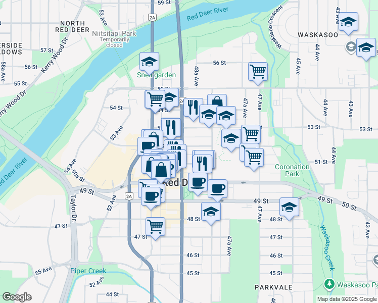 map of restaurants, bars, coffee shops, grocery stores, and more near 4835 52 Street in Red Deer