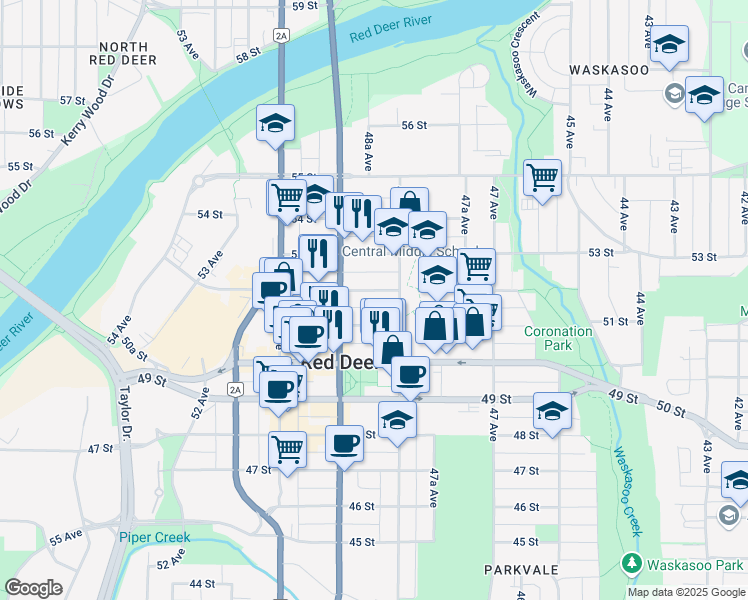 map of restaurants, bars, coffee shops, grocery stores, and more near 4817 52 Street in Red Deer