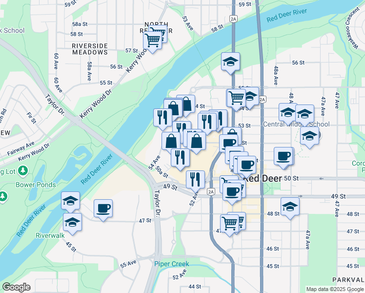 map of restaurants, bars, coffee shops, grocery stores, and more near 4946 53 Avenue in Red Deer