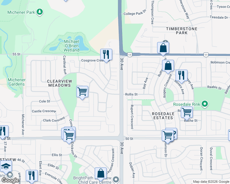 map of restaurants, bars, coffee shops, grocery stores, and more near 292 Cornett Drive in Red Deer